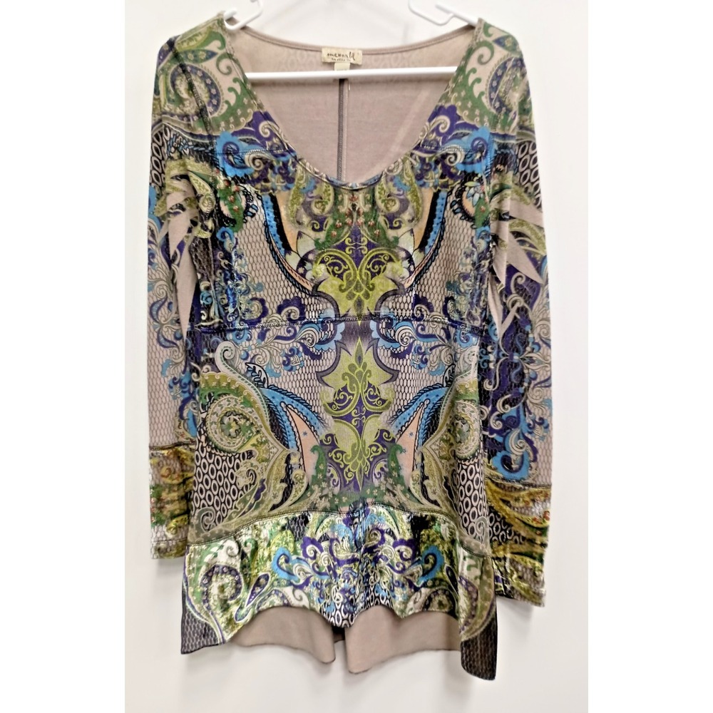 Y2K One World BOHO Babydoll Tunic Top Womens Small Paisley Velvet Long Sleeve